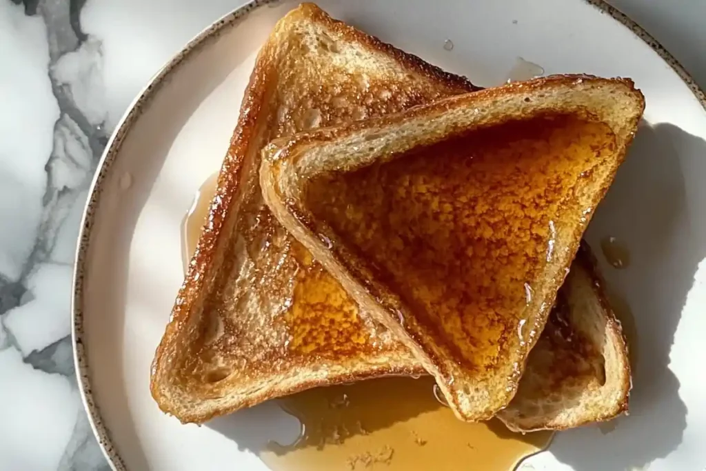 A close-up of cooked french toast with syrup on a marble surface.