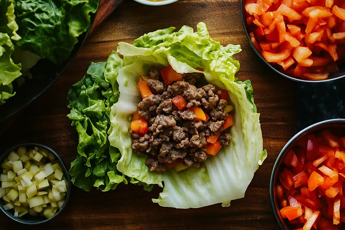 Top-down view of a complete lettuce wrap burger.