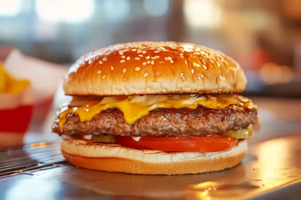 Close-up of a Five Guys burger on a flat-top grill, showcasing their cooking method.