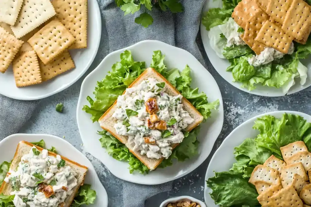 Several serving suggestions for chicken salad, including a sandwich, crackers, salad, and a lettuce wrap.