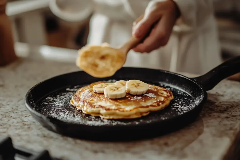 A person successfully flips a perfectly cooked banana pancake on a griddle.