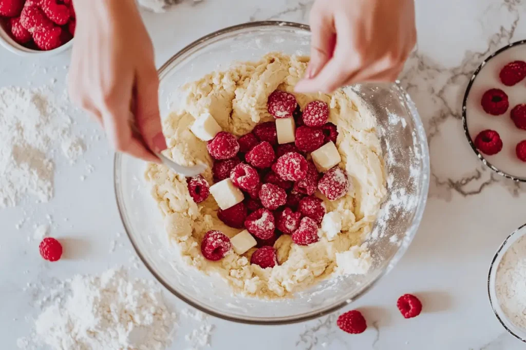 Hands folding raspberries and white chocolate into cookie dough.