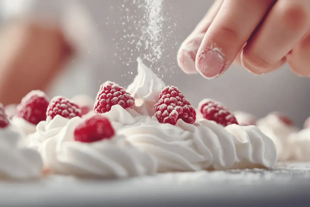 Sprinkling freeze-dried raspberries on meringue