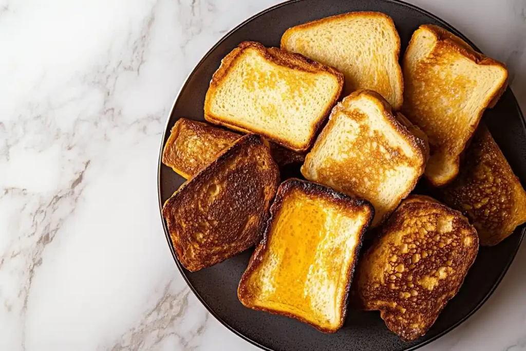 French toast made with different types of bread on a marble surface.