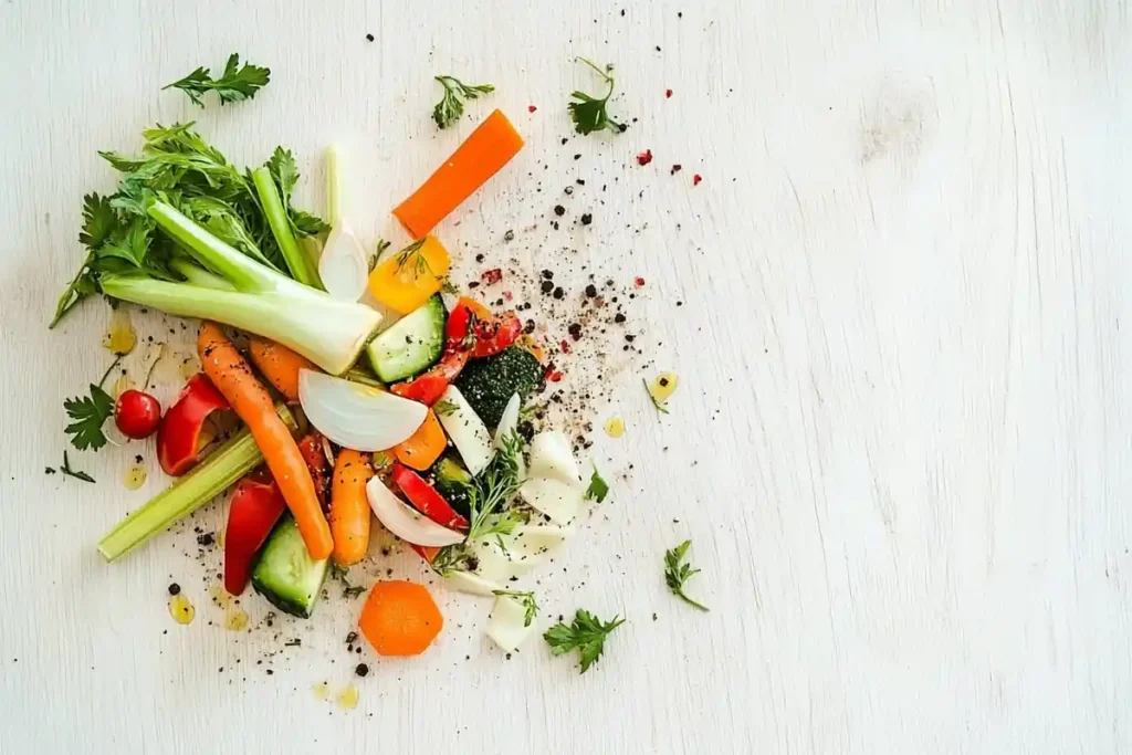 A colorful variety of fresh soup vegetables displayed on wood.