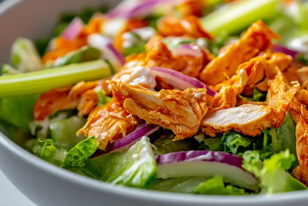 Up close view of crunchy celery and red onion in a buffalo chicken salad.