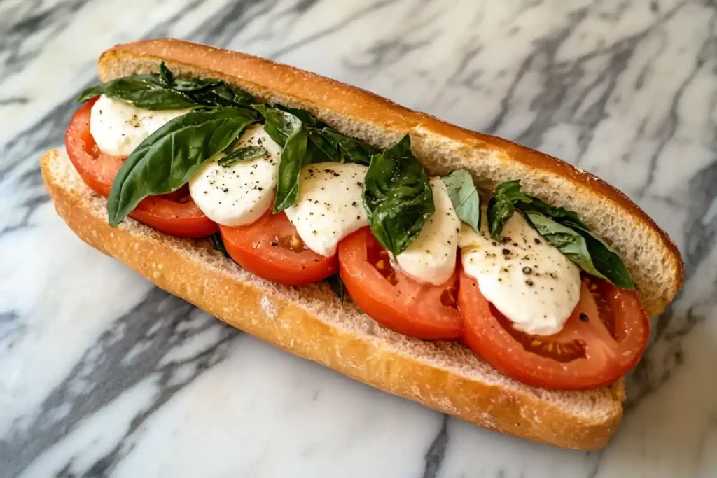 The fresh ingredients of a caprese sandwich on a marble surface.