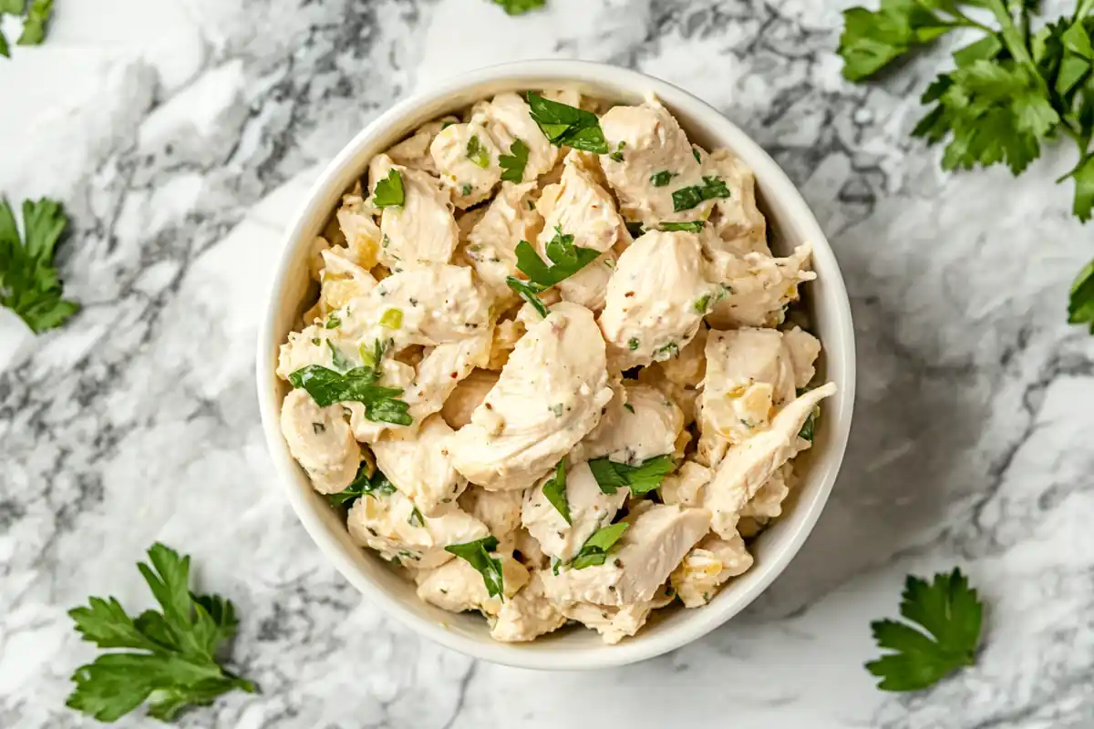 Delicious homemade chicken salad sitting on a marble surface, ready to eat.