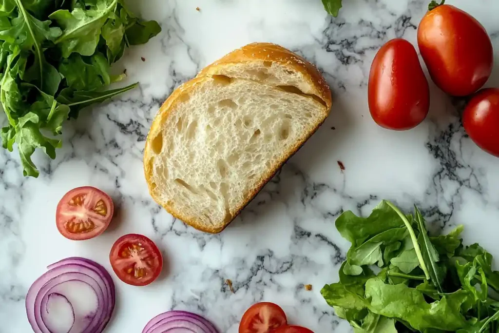 A close-up view of the fresh ingredients used in the new Panera sandwiches on a marble surface.