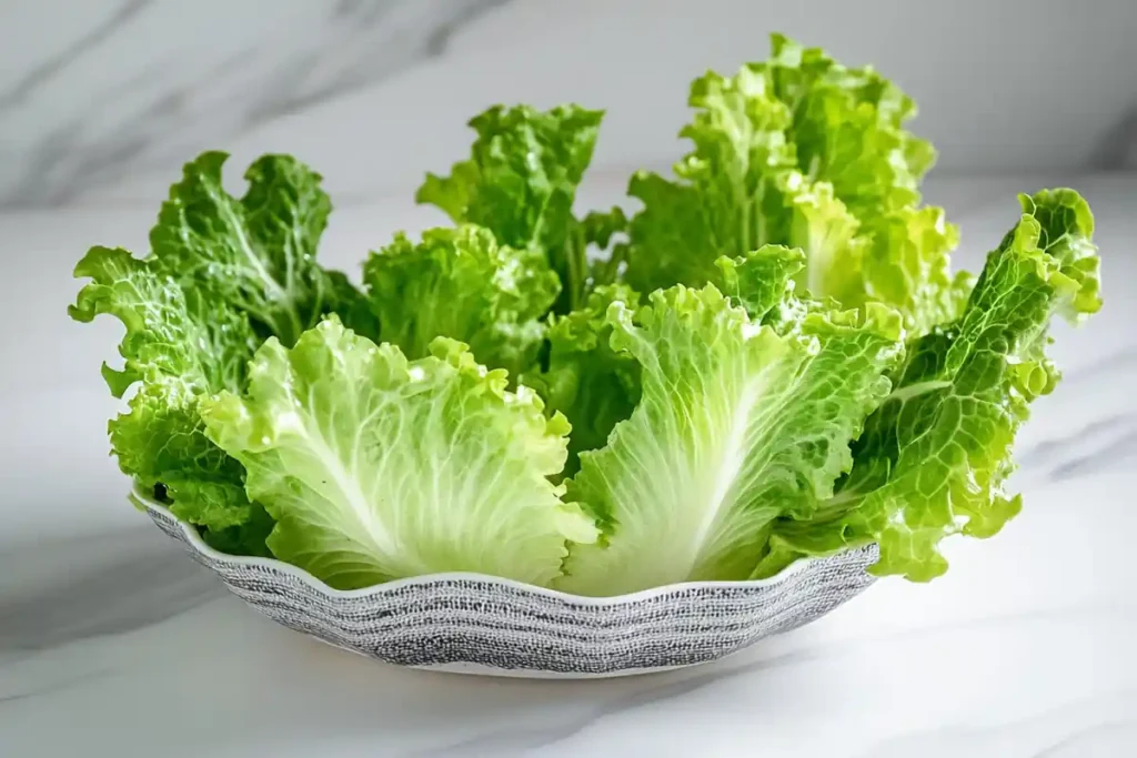  A close-up of crisp, fresh lettuce leaves used for wraps.