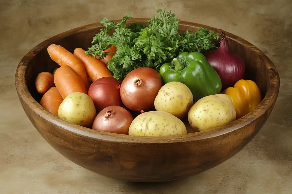 A colorful variety of fresh vegetables arranged in a wooden bowl, perfect for making soup.