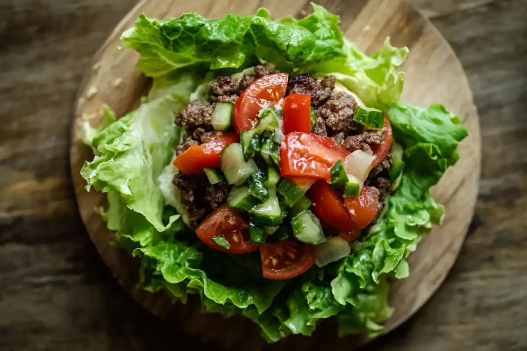 An overhead shot of a lettuce wrap burger with healthy toppings.