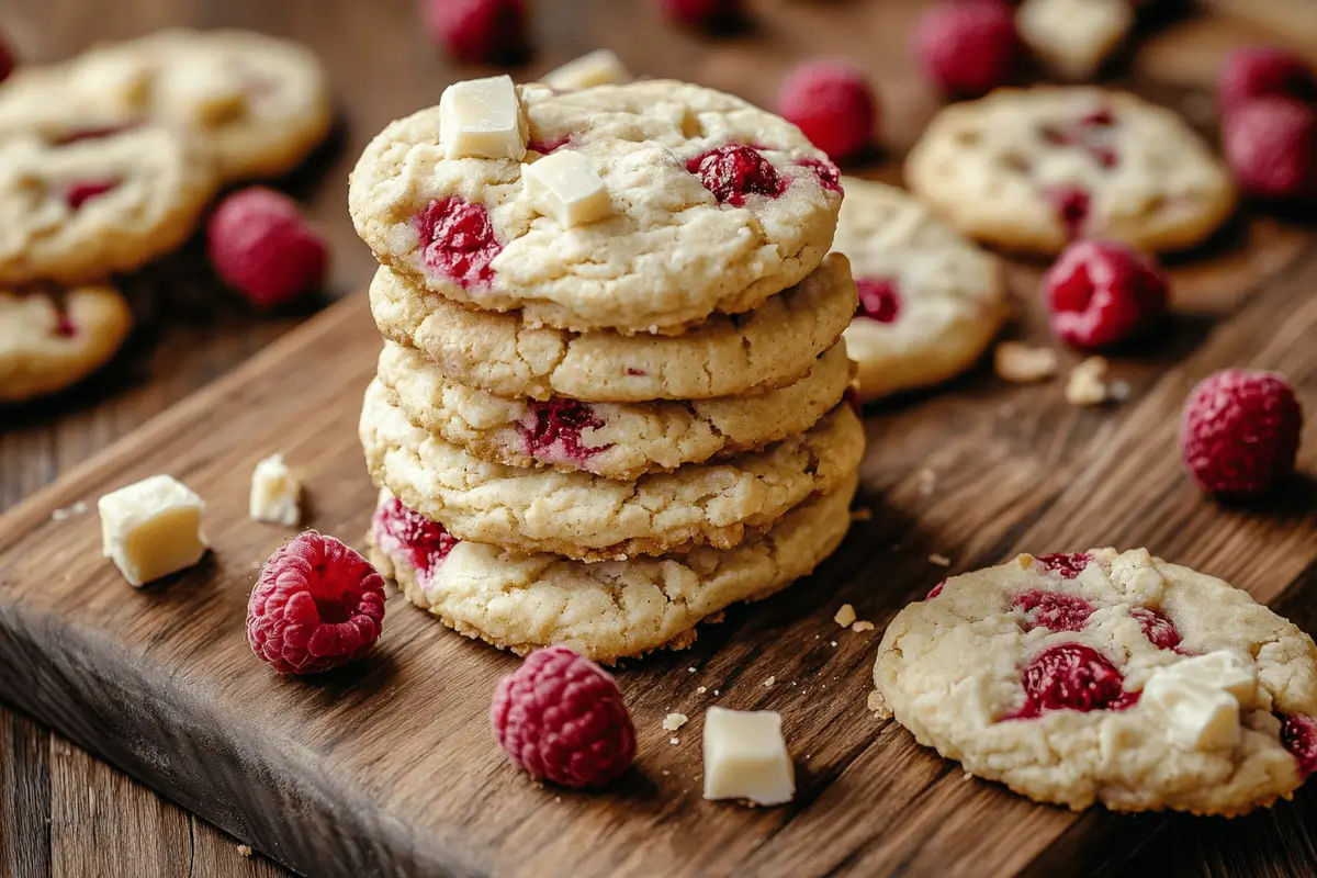 Stack of freshly baked white chocolate and raspberry biscuits