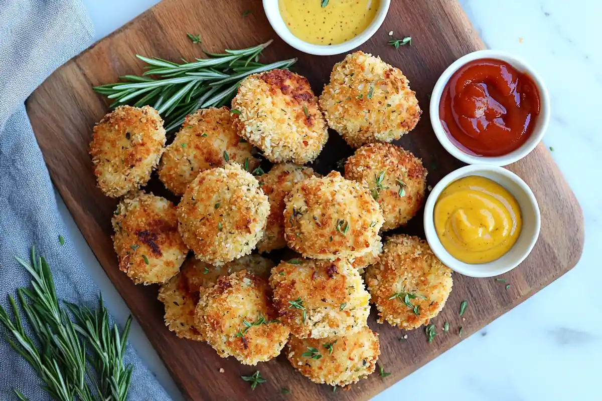 Crispy keto chicken nuggets served on a wooden board.