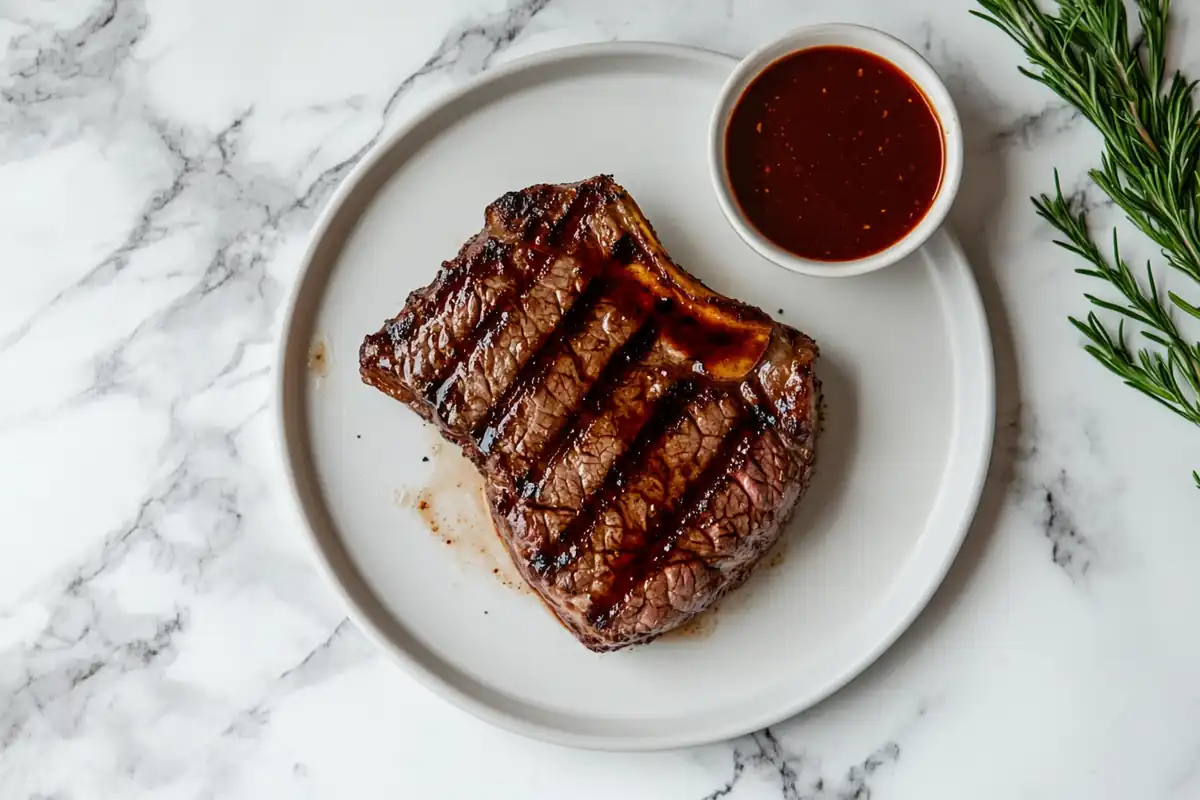 Top-down view of a perfectly seared steak on a marble background, highlighting the main subject of the article.