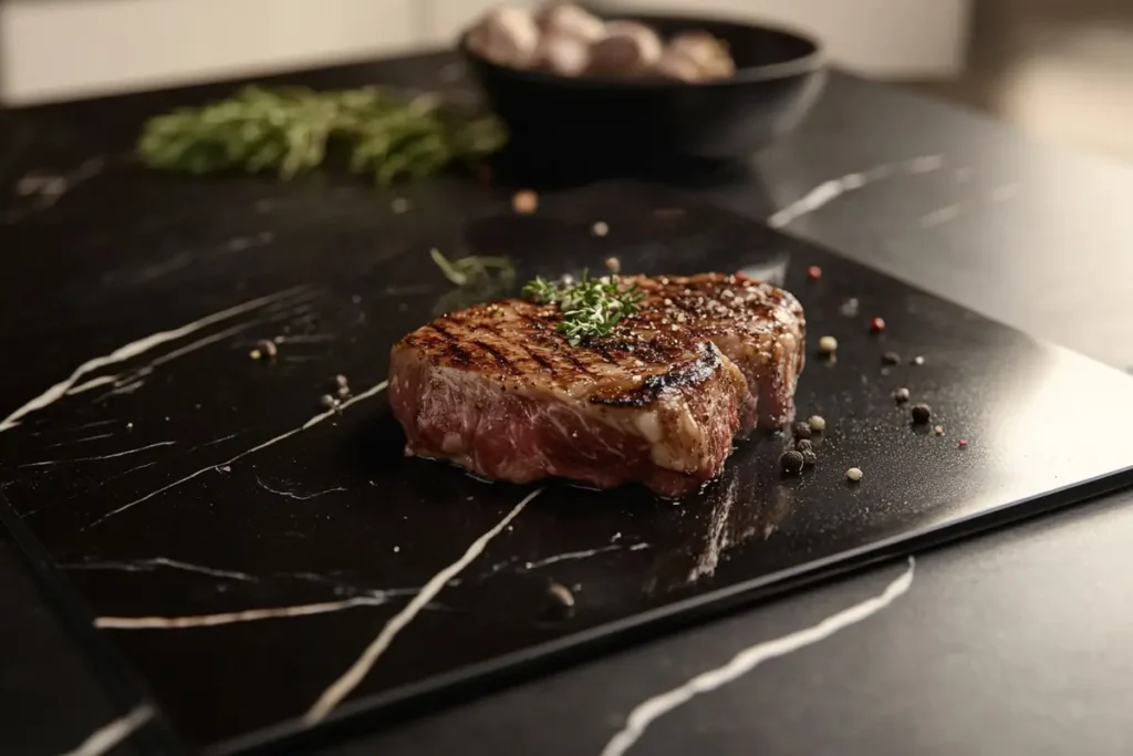 Close-up view of steak being grilled on a commercial grill.