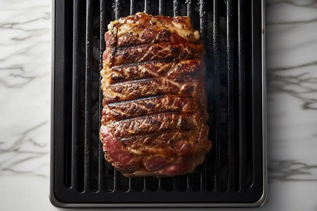 A close-up of meat being grilled on a commercial grill, with a marble background.