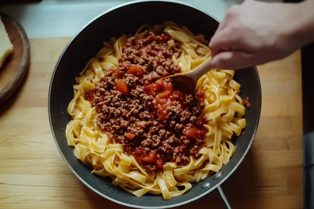 Ground beef being added to a pasta sauce, a very common option for a meal.