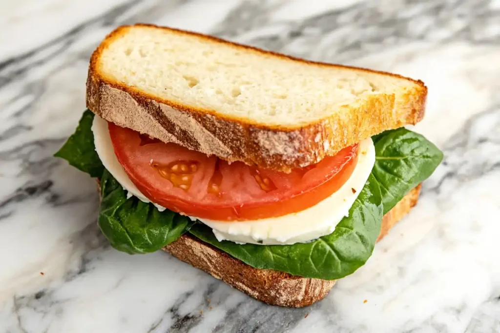  Making a caprese sandwich with whole grain bread and low-fat mozzarella on a marble surface.