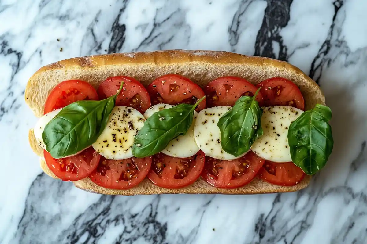 A healthy caprese sandwich with fresh ingredients on a marble surface.