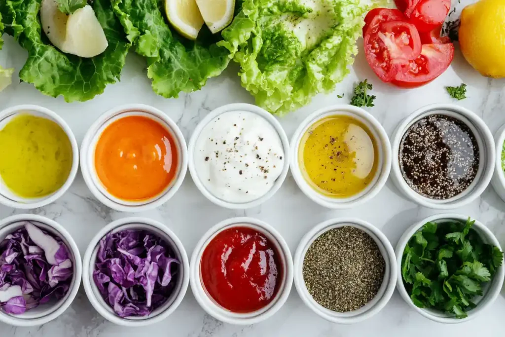 Healthy dressing varieties for tuna lettuce wraps on a table.