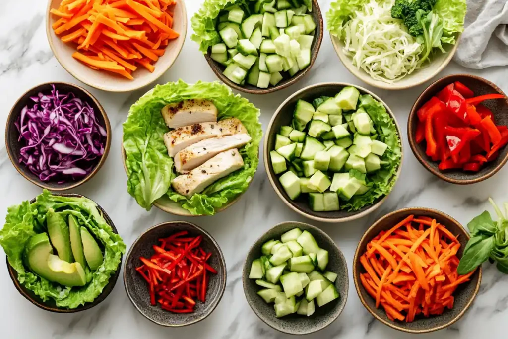 A colorful assortment of healthy fillings for lettuce wraps on a table.