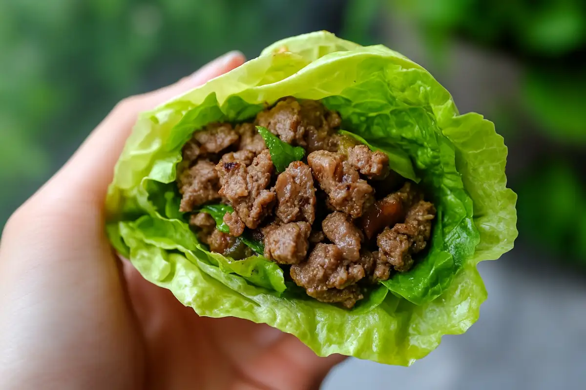 An overhead shot of a lettuce wrap burger with healthy toppings.