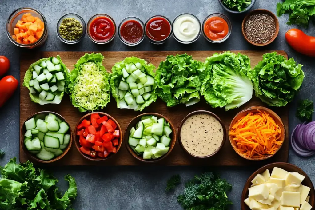 A selection of healthy toppings and sauces for lettuce wrap burgers.