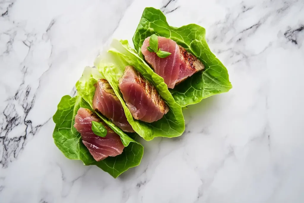 A delicious view of tuna lettuce wraps on a smooth marble surface.