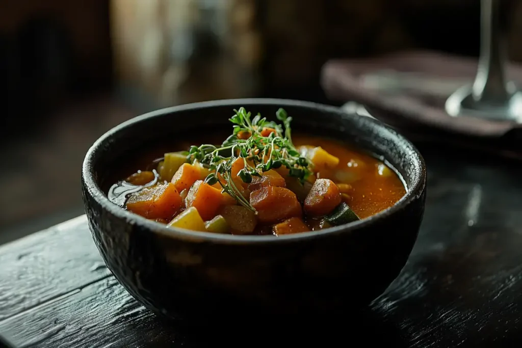 A bowl of flavorful vegetable soup with diverse veggies.