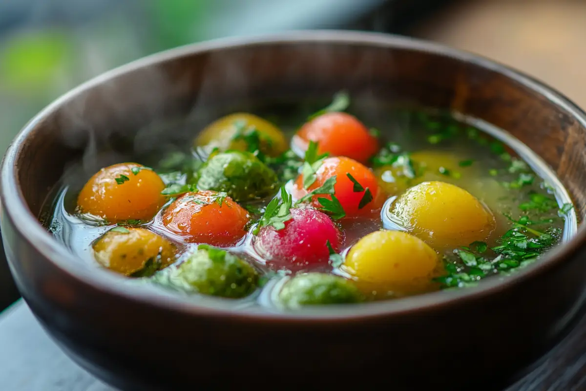 A bowl of hearty vegetable soup with floating soup ball vegetables.