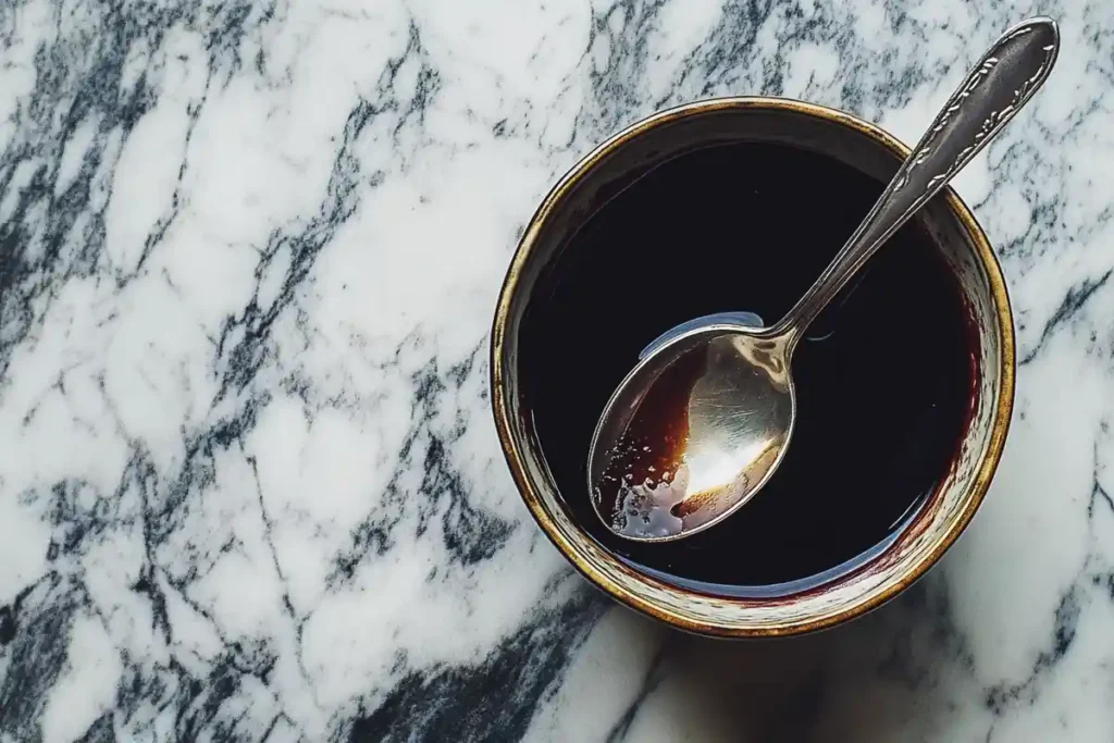 Balsamic dressing in a bowl, ready to dress the sandwich.