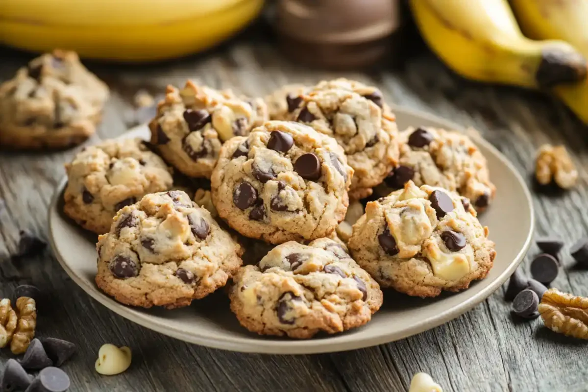 Freshly baked banana bread cookies on a wooden board