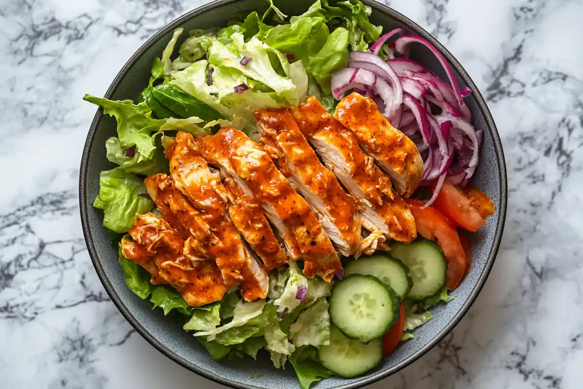 A vibrant buffalo chicken salad with celery, red onion, and a creamy sauce on a marble background.