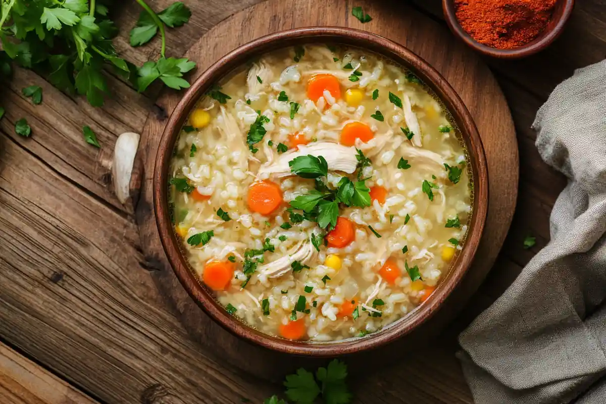 Top-down view of a bowl of Mexican chicken and rice soup