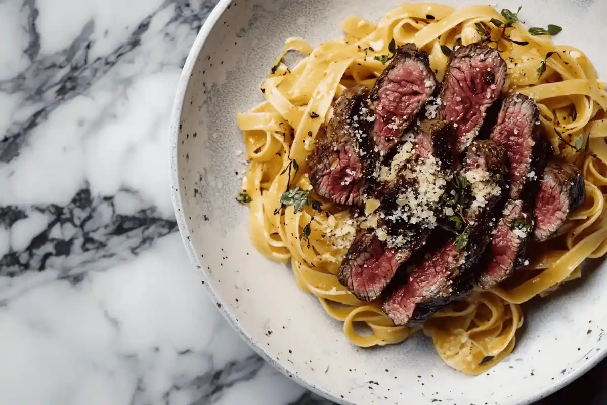 A top-down view of steak pasta, beautifully arranged on a plate.