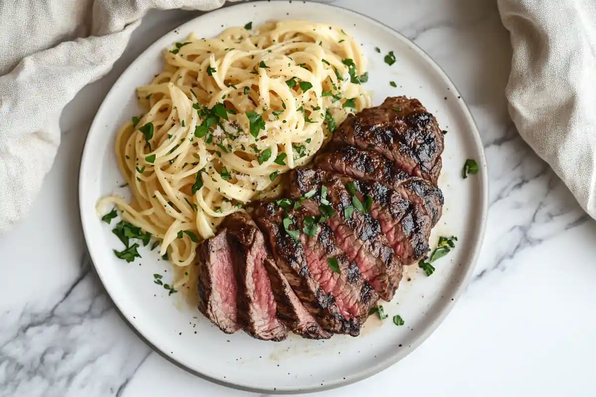 A top-down view of steak and pasta, beautifully arranged on a plate.