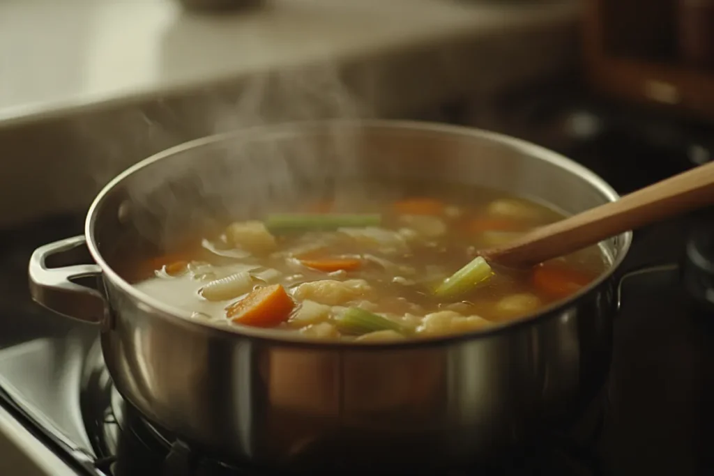 A pot of simmering stock on a stove, illustrating the first step in creating delicious soup, the secret ingredient in soup