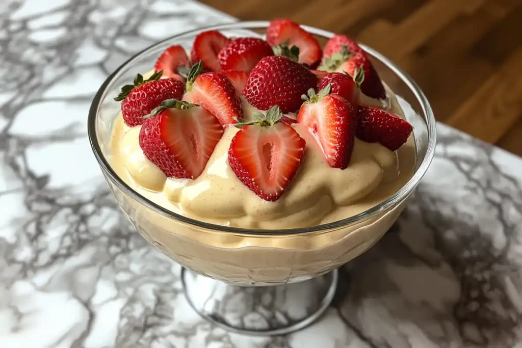 Homemade strawberry pudding in a glass bowl.