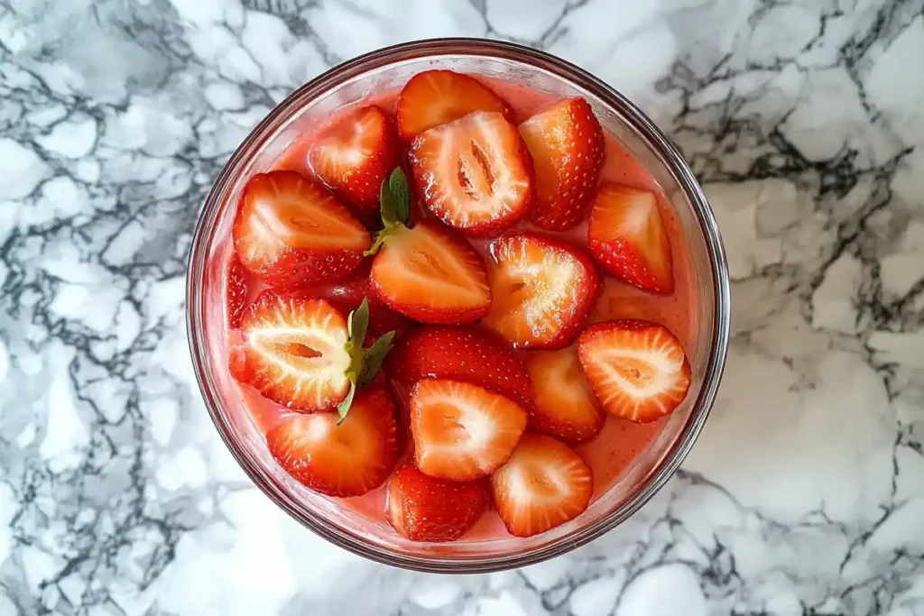 Creamy strawberry pudding in a glass bowl, garnished with fresh strawberries.