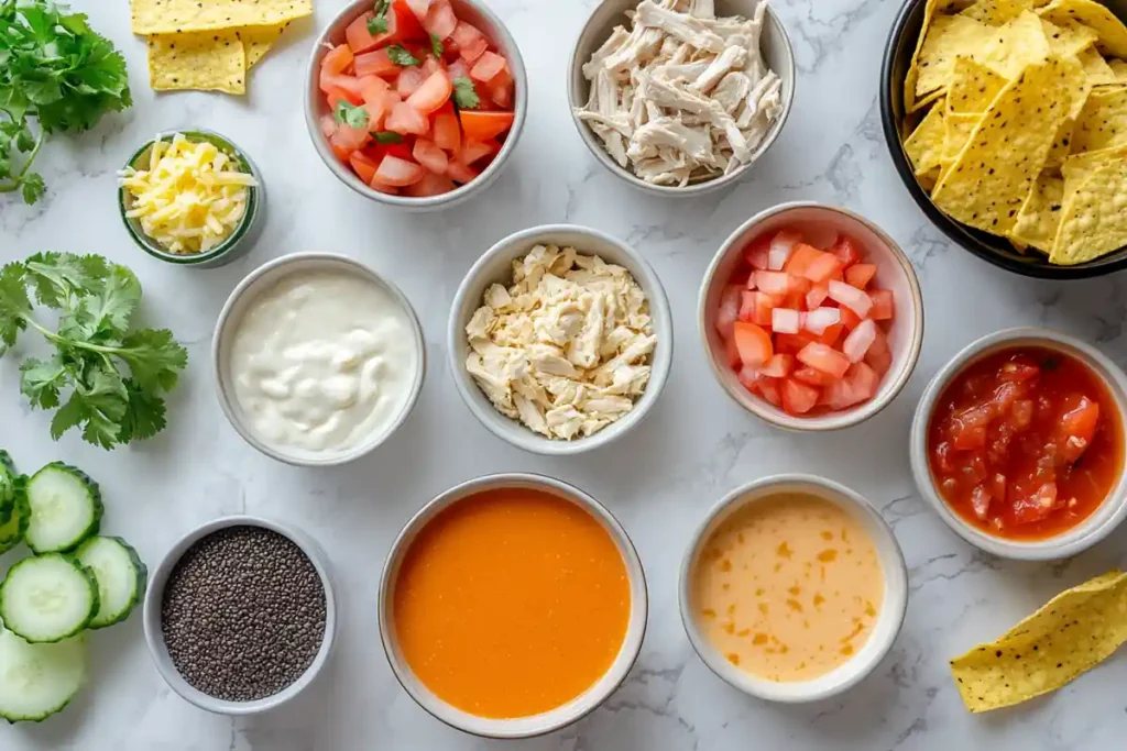 A close-up of high fat vs low fat ingredient options for chicken tortilla soup, all placed on a marble surface.