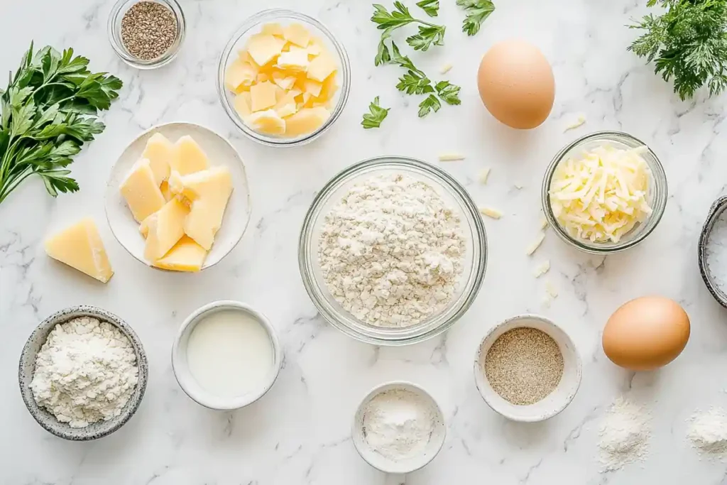 Ingredients for preparing keto chicken nuggets on a marble countertop.