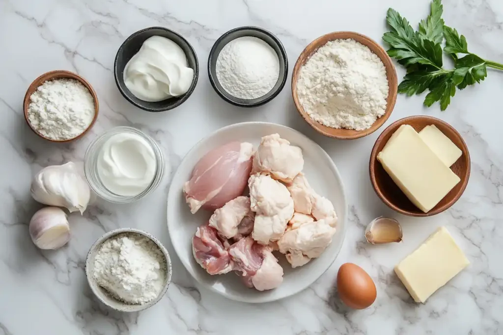 A close-up view of common ingredients for both types of cream of chicken soup, placed on a marble background.