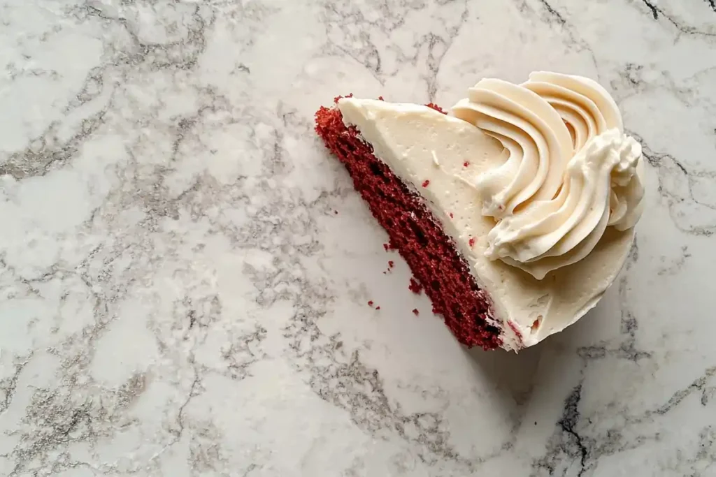 A slice of red velvet cake with cream cheese frosting on a marble surface.