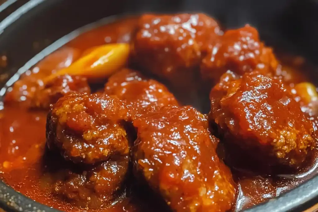 Close up of cooked meatballs in sauce, with the result of adding eggs.