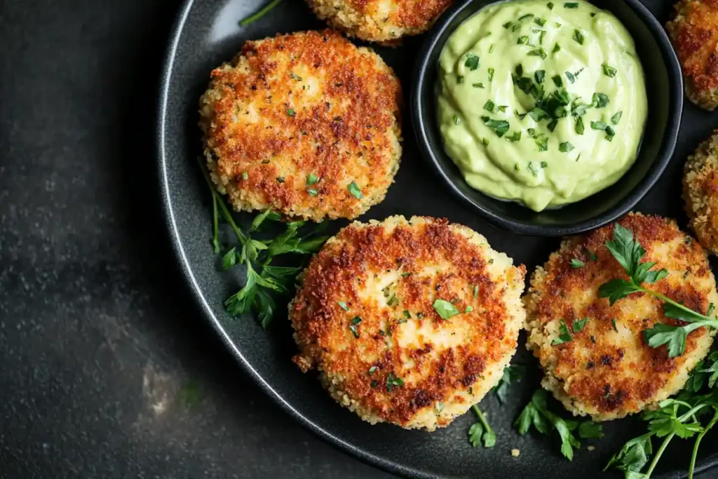 Keto-friendly chicken nuggets with avocado crema, garnished with fresh herbs.