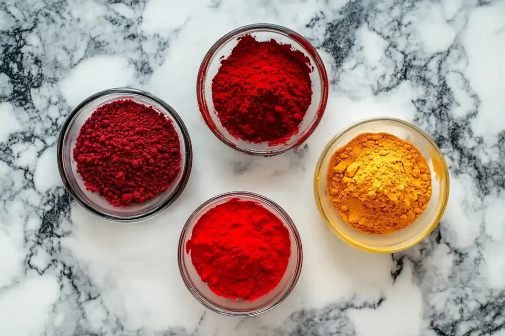 A close-up of red velvet ingredients (cocoa powder, buttermilk, red food coloring) on a marble surface.