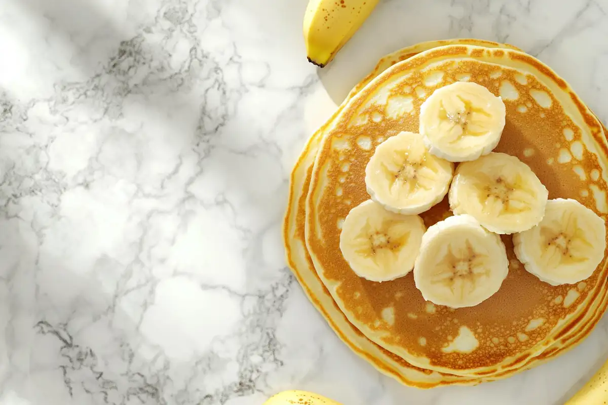 Top-down view of Kylie Jenner's banana pancakes on a marble surface.