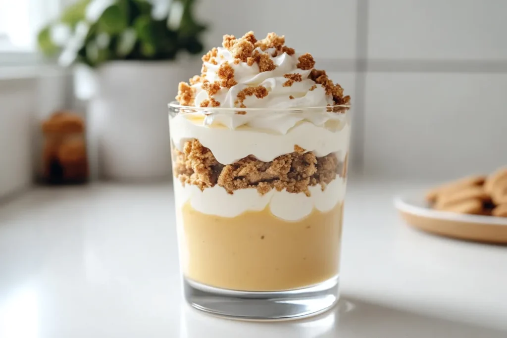 A layered pudding parfait made with condensed milk.