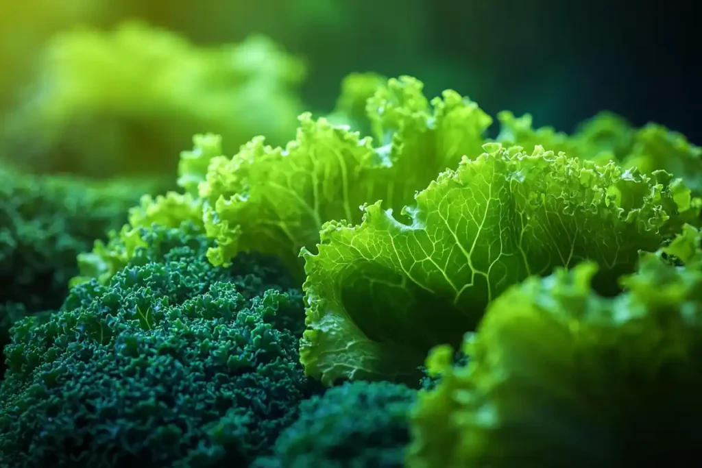 A vibrant assortment of leafy greens, like spinach and kale, showing their freshness and health benefits for soup.